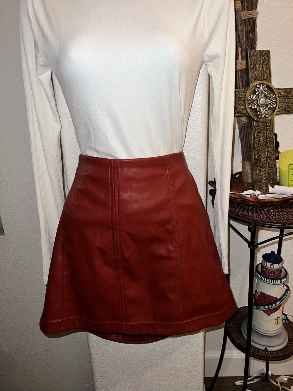 Tinseltown Faux Leather A-Line Mini Skirt in Brick Red - Picture 1 of 5